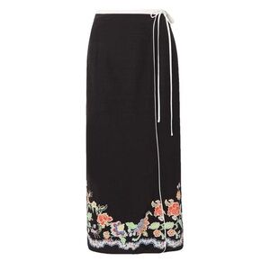 Rixo Black Floral Embroidered Wrap Maxi Skirt